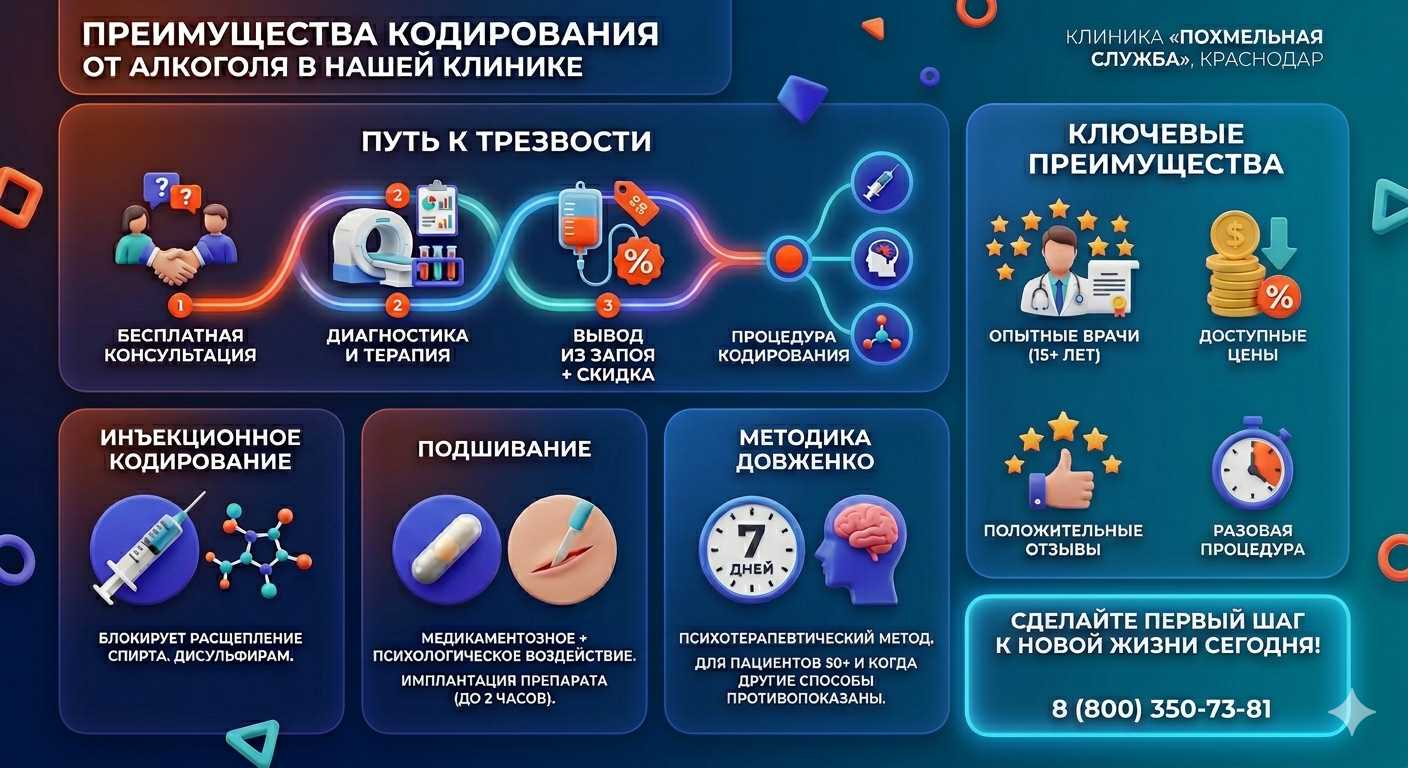 Инфографика о методах кодирования от алкоголя в Матвеевом Кургане: инъекции, подшивание, метод Довженко. Преимущества клиники и этапы лечения.