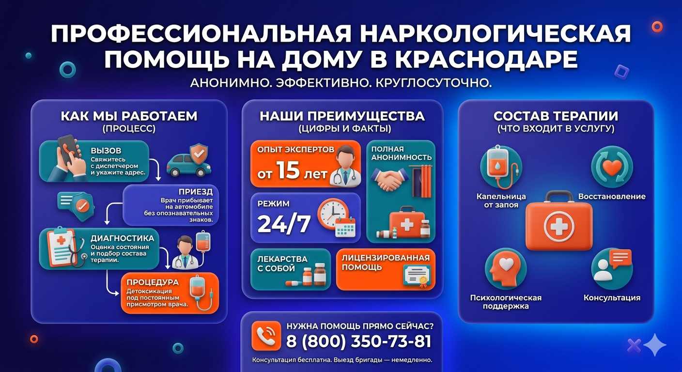 Инфографика о принципах лечения алкоголизма на дому в Матвеевом Кургане: этапы вызова нарколога, преимущества анонимной детоксикации и состав медицинской помощи.